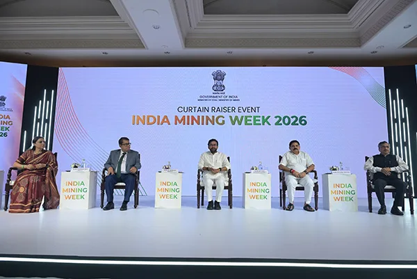 Leadership panel on stage at the India Mining Week 2026 curtain raiser event, with the Government of India emblem and event backdrop