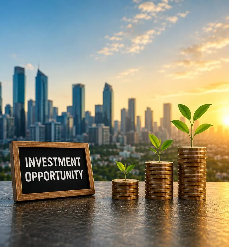 Stacks of coins growing beside an investment opportunity sign